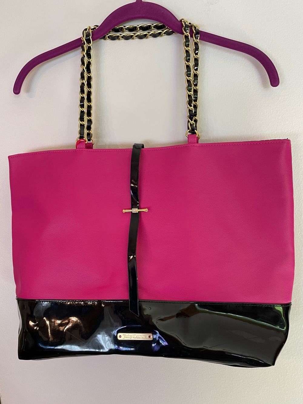 Juicy Couture Hot Pink & Black Patent Colorblock Tote Bag Gold Chain
